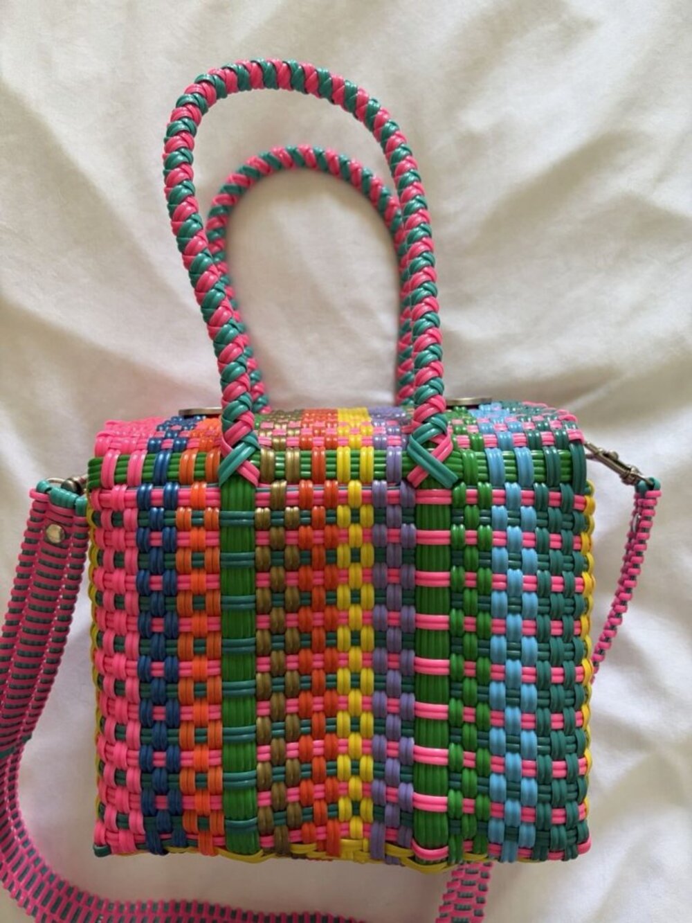Multicolor Woven Tote Bag - Vibrant Pink Accent (MISSING STRAP) - Picture 3 of 13